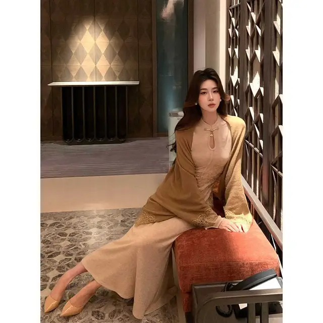 Stand Collar Embroidered Knitted Long Dress Cardigan Coat Women Single Shawl - Shop at LoveMi