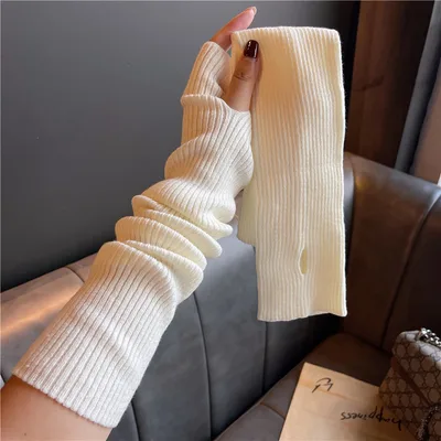 Versatile Gloves For Girls Arm Warmers Knitted Sleeves Long Fingerless Covers Beige - Shop at LoveMi