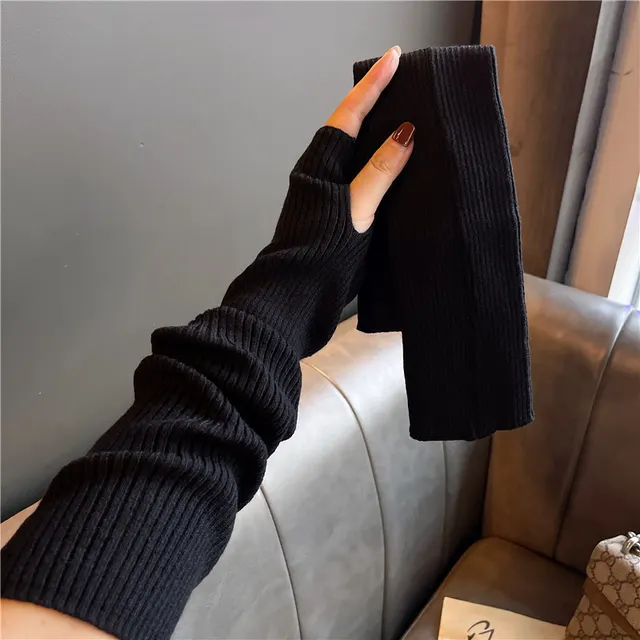 Versatile Gloves For Girls Arm Warmers Knitted Sleeves Long Fingerless Covers Black - Shop at LoveMi