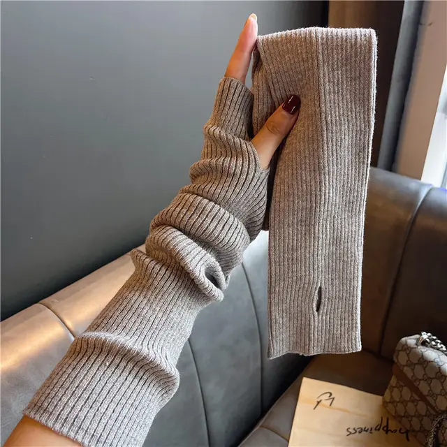 Versatile Gloves For Girls Arm Warmers Knitted Sleeves Long Fingerless Covers Light Gray - Shop at LoveMi