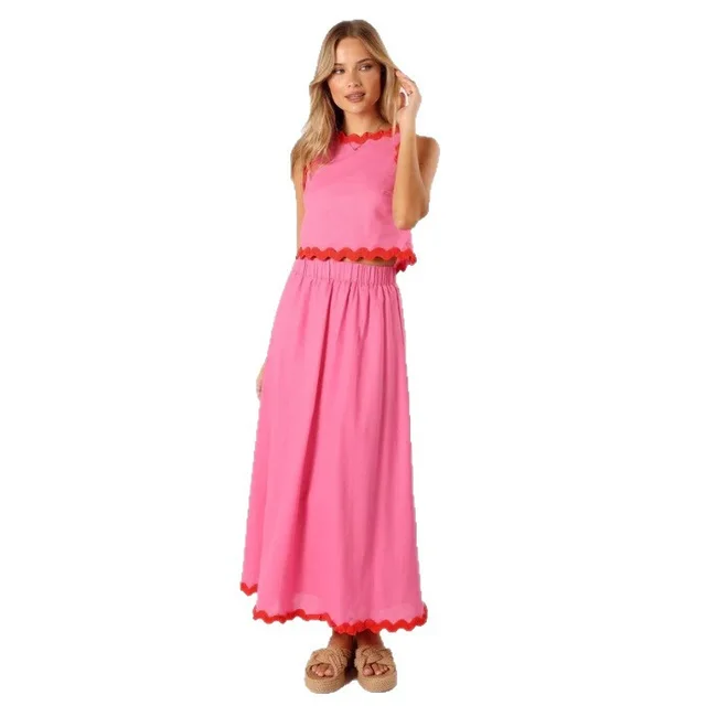 Women's Fashion Sleeveless Top And Skirt Two Piece Set Rose Red - Shop at LoveMi