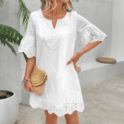 Solid Color Hollow Lace Short Sleeve Dress White - Shop at LoveMi