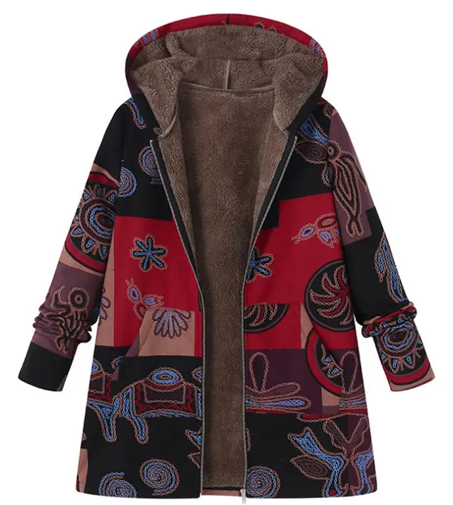 Retro Warm Printed Pocket Thick Zippered Hooded Coat Oracle Red - Shop at LoveMi