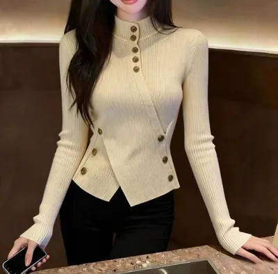Autumn And Winter Retro Apricot Semi high Neck Knitted Sweater Women's Fitted Base Shirt Long Sleeve Top Apricot - Shop at LoveMi