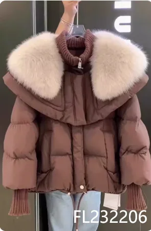 Parka Coat Petite Short Style Large Faux Fur Collar Thickened Cotton Jacket Coffee - Shop at LoveMi