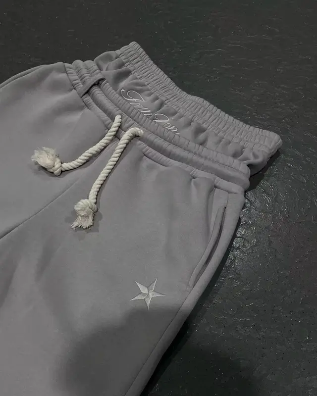 Trendy Double waist Five pointed Star Embroidery Couple Simple Casual Fake Two piece Wide leg Sweatpants Gray - Shop at LoveMi