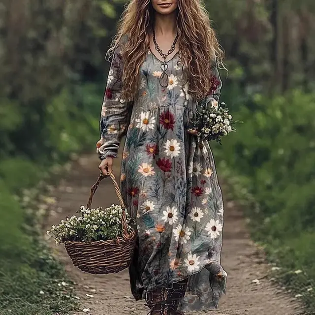 New Long Sleeve Dress Floral Bohemian Maxi Skirt Print 1 D500 - Shop at LoveMi