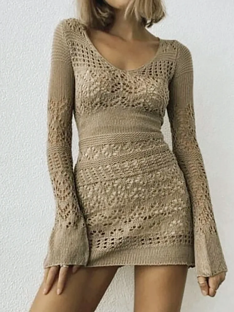 Knitted Long-sleeved Hollowed-out Dress - Khaki