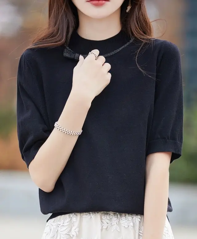 Half high Collar Women's Versatile Thin Knit Top Black - Shop at LoveMi