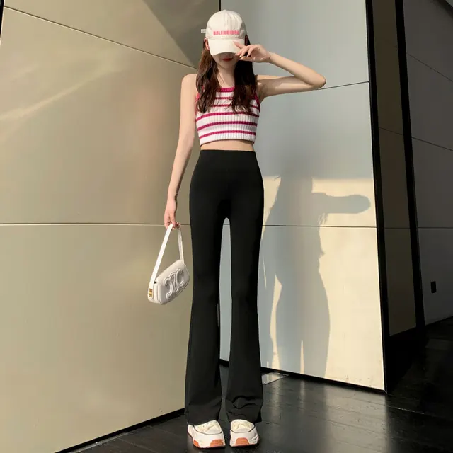 Women's High waisted Slim fit Stretchy Floor length Casual Pants Black Thin Regular - Shop at LoveMi