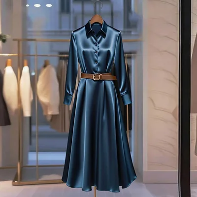 Temperament Long sleeved Dress Autumn Solid Color A line Skirt Blue - Shop at LoveMi