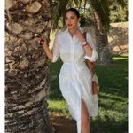Embroidered Stand-up Collar Belt Slim Dress - White