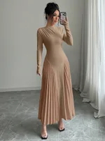 Long Sleeve Knitted Long Skirt Pleated Dress Elegant - Khaki