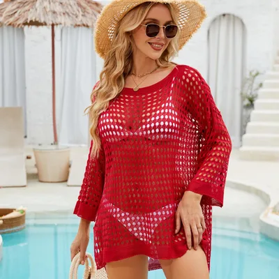 Sleeveless Sheer Cover up Beach Vacation Style Bikini Outerwear Red - Shop at LoveMi