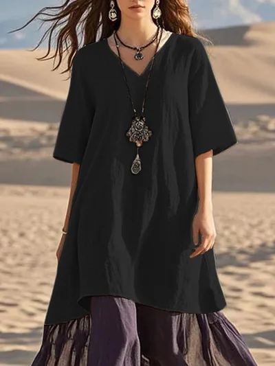 Casual V neck Short sleeve Color block Solid Women's Dress Black - Shop at LoveMi