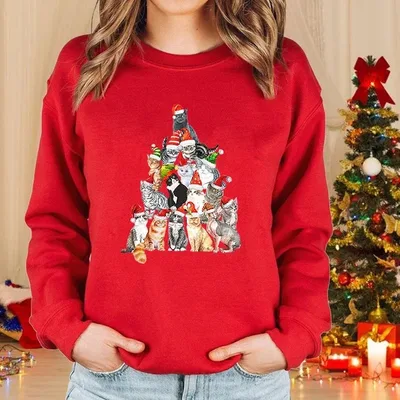 Lady Christmas Cat Round Neck Sweater Long Sleeve 4Style S - Shop at LoveMi