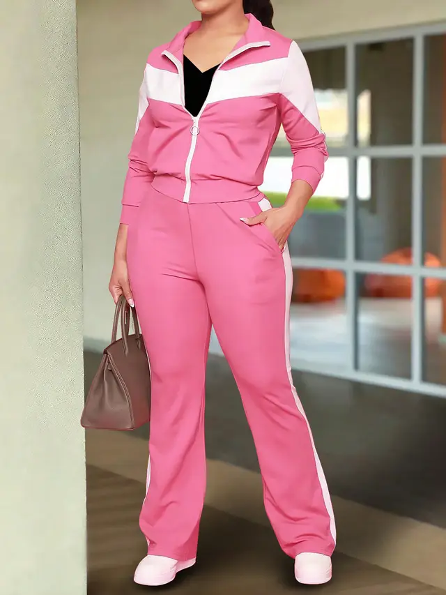 Fashionable And Comfortable Color block Sporty Zip up Jacket And Casual Pants Two piece Set Pink - Shop at LoveMi