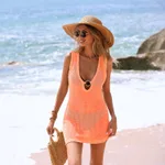 Ripple Hollow-out Dress, Deep V Elastic Waist Beach Top - Orange Pink