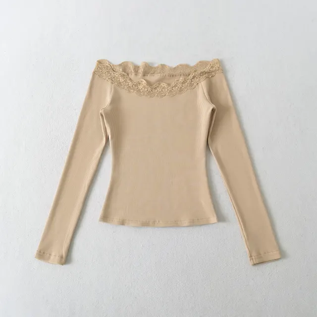 European And American Style Autumn Lace Patchwork Floral Long Sleeve Khaki - Shop at LoveMi