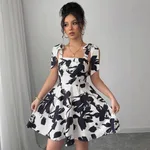 Fashion Ruffled Square Neck All-over Print Dress - Colour