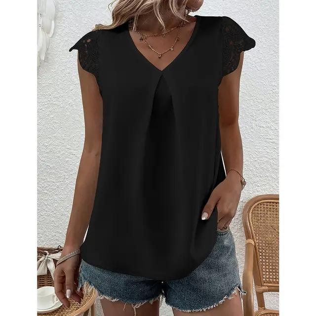 Women's Hollow Lace Trim V Neck Short Sleeve Top Black - Shop at LoveMi