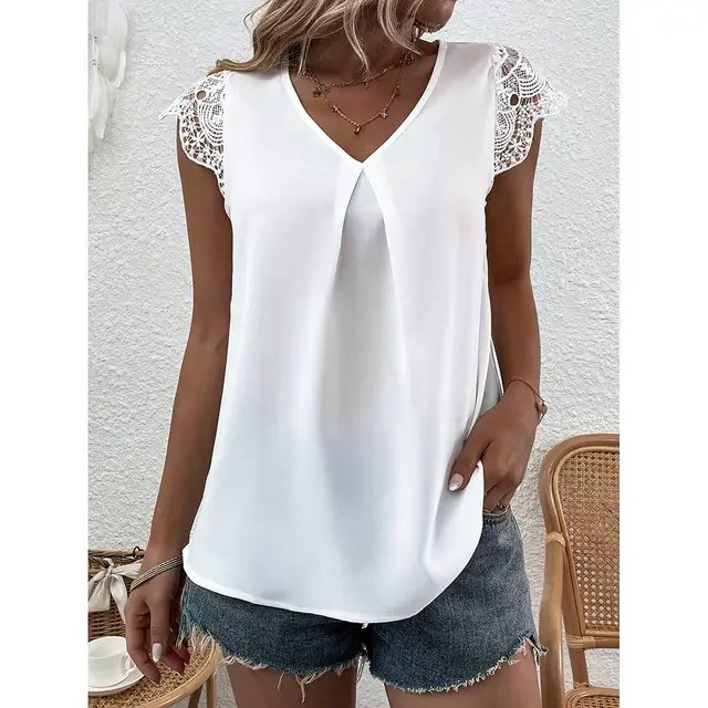 Women's Hollow Lace Trim V Neck Short Sleeve Top White - Shop at LoveMi