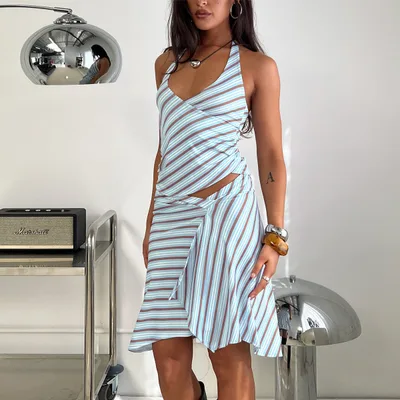 New Strappy Halter Neck Striped Dress Set With Crop Top And Open Back Blue - Shop at LoveMi