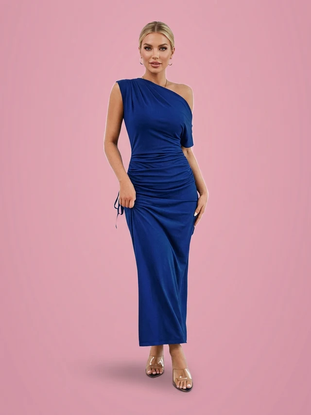 Off shoulder One shoulder Slim fit Pleated Maxi Dress Blue - Shop at LoveMi