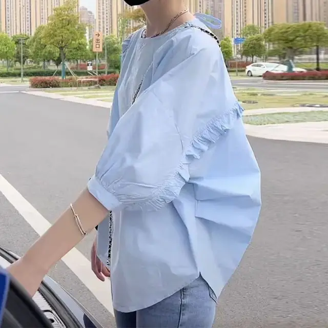 Bubble Sleeve Short Sleeve Shirt Women Blue - Shop at LoveMi