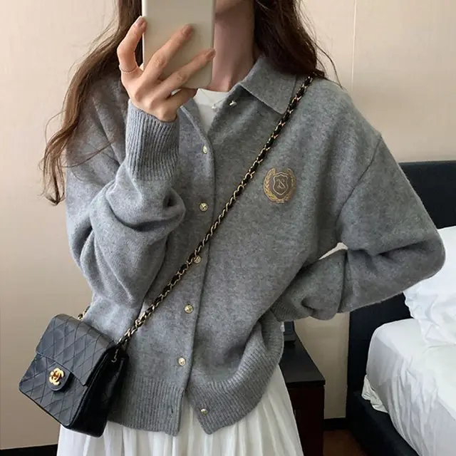 Solid Color Cashmere Cardigan Women Loose Lapel Coat Gray - Shop at LoveMi