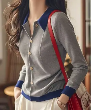 Designer Niche Colour-block Knitwear Women Single-breasted Inner Wear - Grey