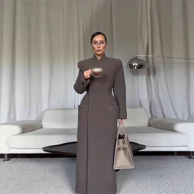 Temperament Shoulder padded Waist cinching Long Wool Coat For Women Picture Color - Shop at LoveMi