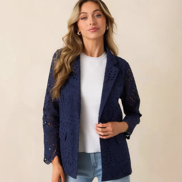 New Solid Color Fake Pocket Slim Hollow out Jacket For Women Blue - Shop at LoveMi