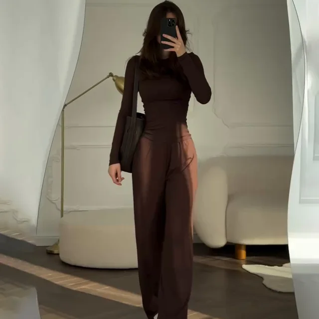 Women's Round Neck Solid Color Wide Leg Pants Stylish Office Suit Brown - Shop at LoveMi