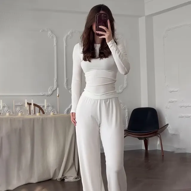 Women's Round Neck Solid Color Wide Leg Pants Stylish Office Suit White - Shop at LoveMi