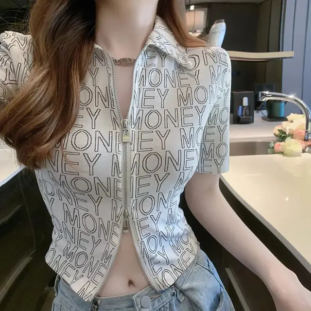 New Letter Lapel Short sleeved T shirt Slim fit Short Double Zipper Crop Top Stylish Cardigan Printed - Shop at LoveMi
