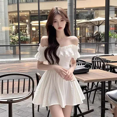 Off the shoulder High waisted Inner Short Skirt With A Cinched Waist A line Skirt White - Shop at LoveMi