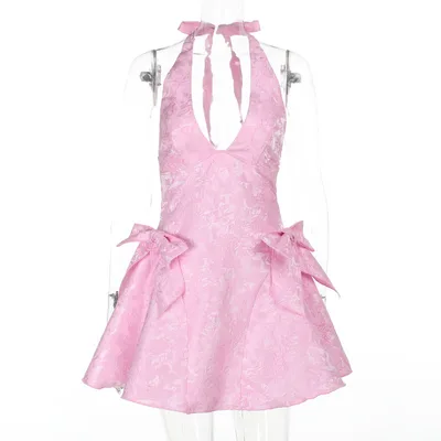 Sexy Sleeveless Halter Jacquard V neck Jacquard Butterfly Pink - Shop at LoveMi