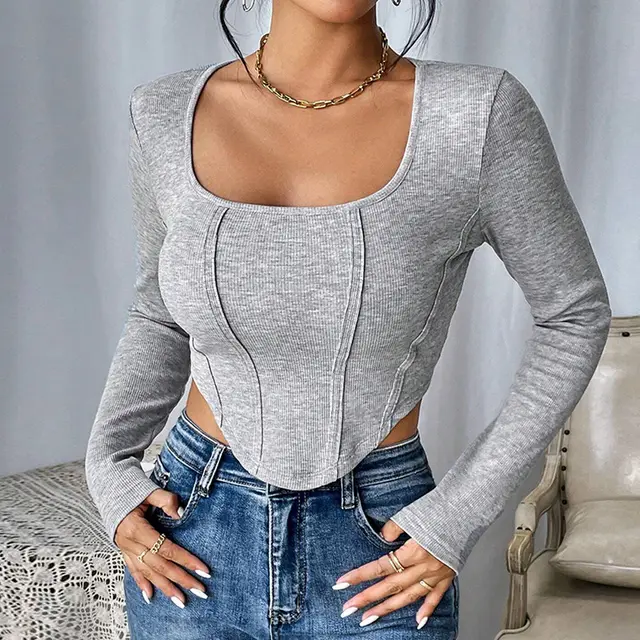Long Sleeve T shirt Asymmetrical Fashionable Top Gray - Shop at LoveMi