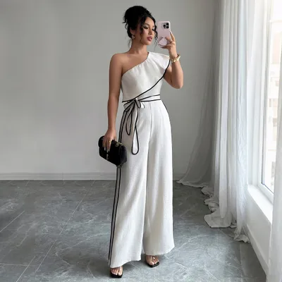 European And American Elegant Style Off shoulder Vest Wide leg Jumpsuit Women's Independent High Waist Apricot - Shop at LoveMi