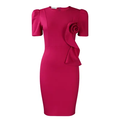 Fashion Elegant Body hugging Lace Hem Solid Color Short Sleeve Dress Rose - Shop at LoveMi