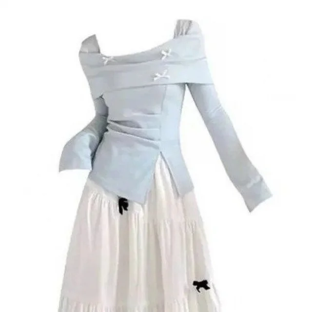 Autumn Blue Split Long sleeved Top High waist Slim Skirt Set Blue Coat - Shop at LoveMi