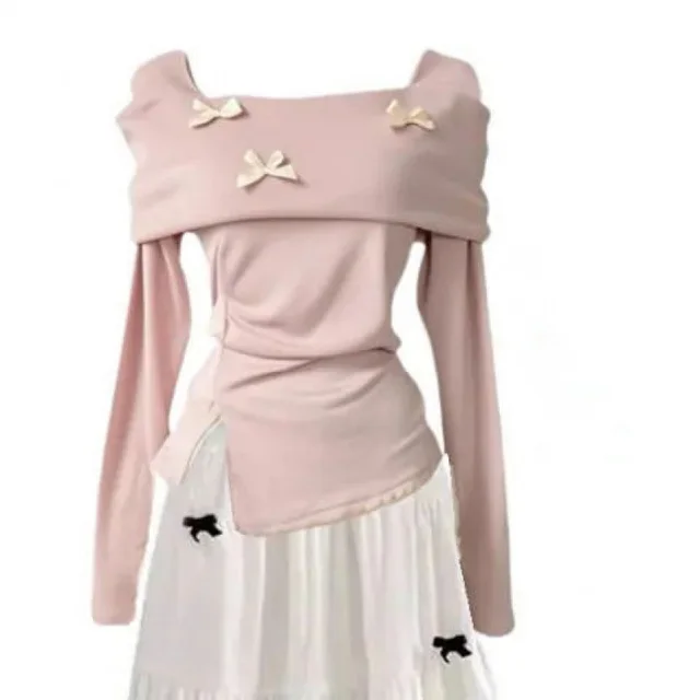 Autumn Blue Split Long sleeved Top High waist Slim Skirt Set Pink Top - Shop at LoveMi