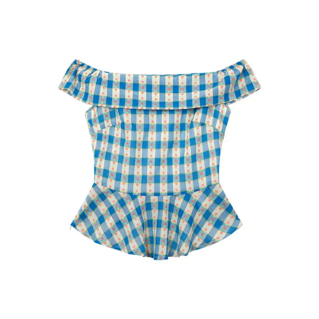 Off shoulder Blue Checkered Short Sleeve Shirt Women's Summer Short Style Blue Plaid - Shop at LoveMi