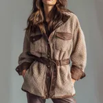 Women's Wear Thickened Lamb Fur Spliced PU Leather Pocket Leather Belt Retro Coat - Khaki