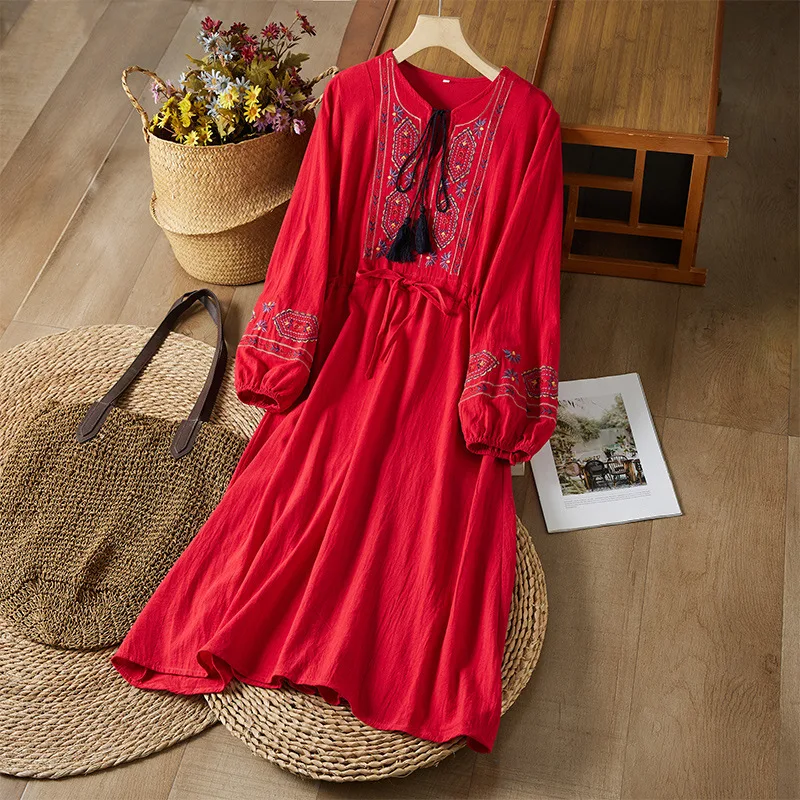Cotton Linen Embroidered Tassel Waistband Dress Ethnic Style Artistic Skirt Red - Shop at LoveMi