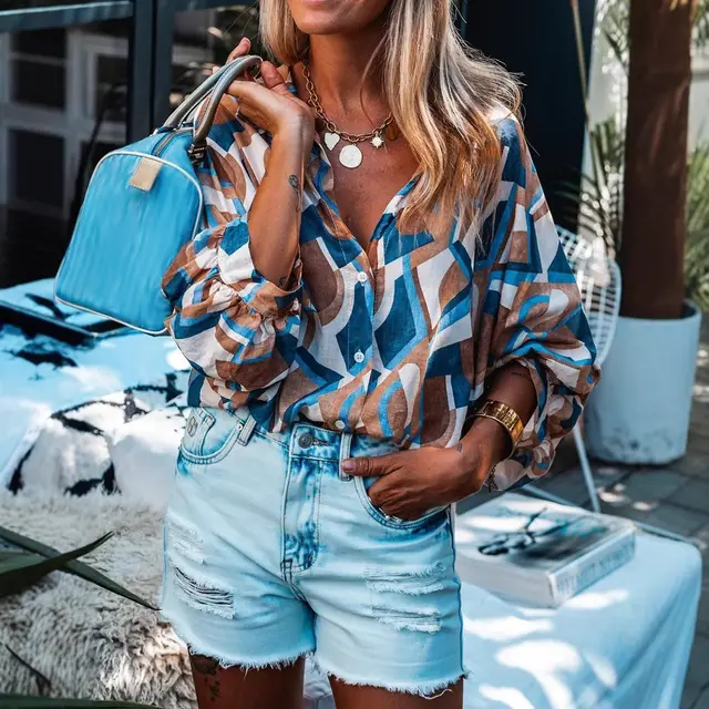 Summer New Bat Sleeve Loose Printed Top Blue - Shop at LoveMi