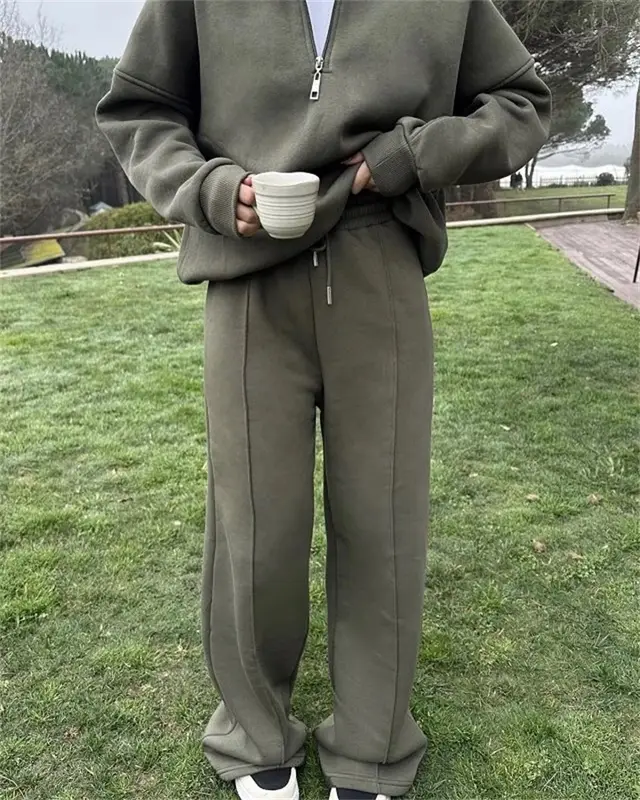 Casual Women's Fashion Half zip Hoodie And Pants Two piece Set Loose Casual Autumn And Winter Outfit Green - Shop at LoveMi