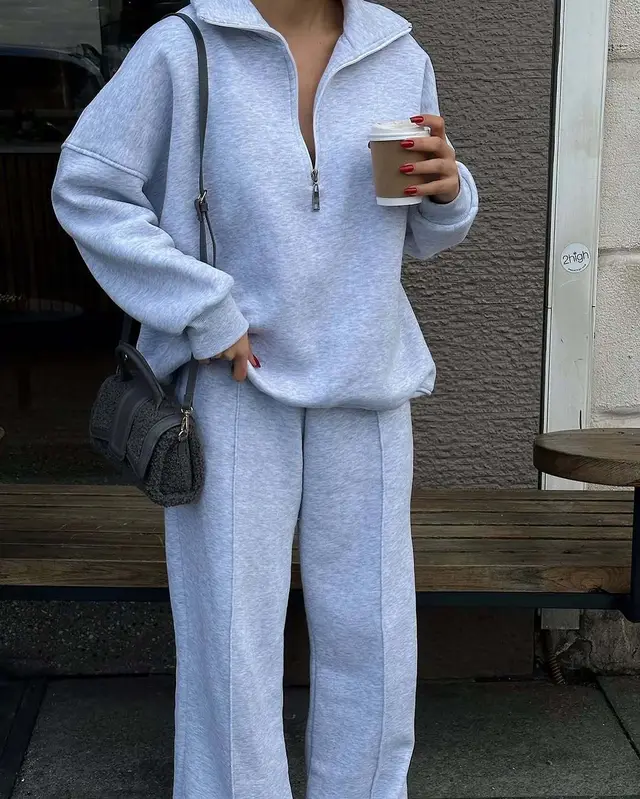 Casual Women's Fashion Half zip Hoodie And Pants Two piece Set Loose Casual Autumn And Winter Outfit Light Gray - Shop at LoveMi