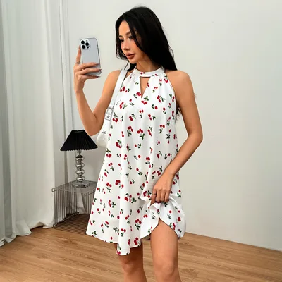 Sweet And Gentle Style Backless Loose Short Skirt Cherry Blossom Dress White - Shop at LoveMi